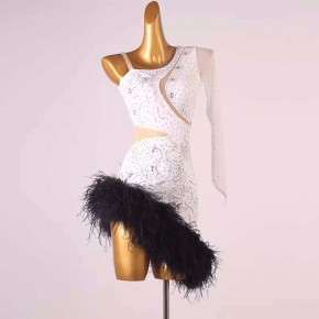White with black feather competition latin dance dresses for women girls slant neck rumba salsa ballroom chacha dance wear for girls